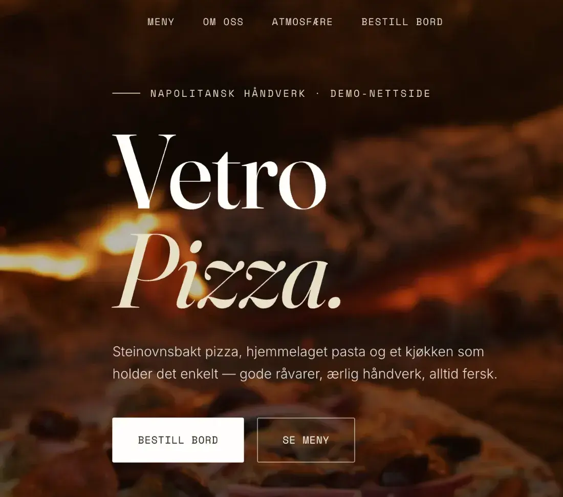 Skjermbilde av forsiden til Vetro Pizza, en restaurantnettside laget av Mangset Digital.