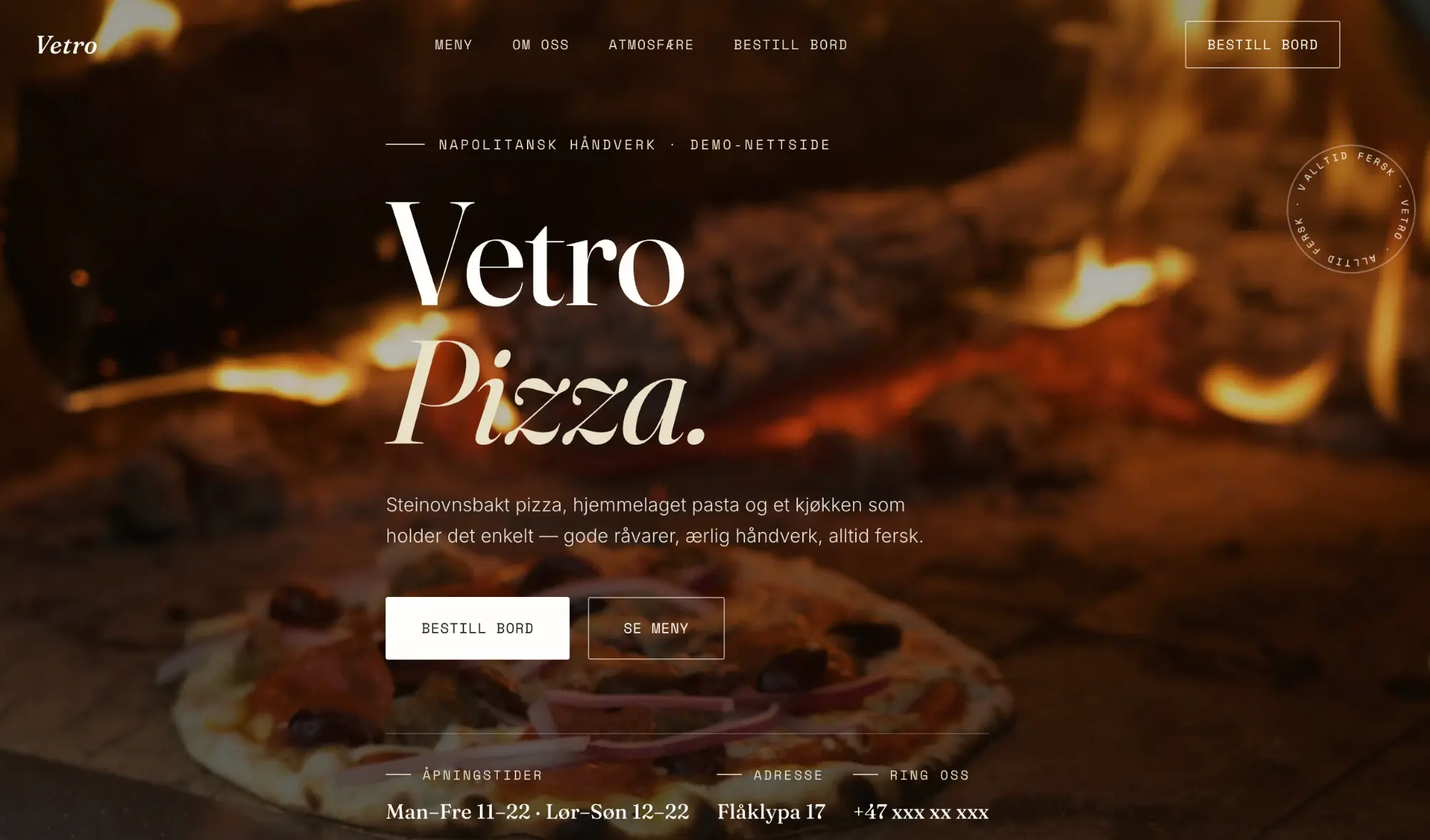 Skjermbilde av nettsiden til Vetro Pizza, laget av Mangset Digital.